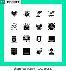 Group of 16 Modern Solid Glyphs Set for call; optimize; bribe; seo; development Editable Vector Design Elements