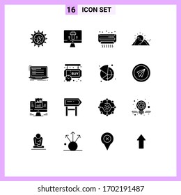 Group of 16 Modern Solid Glyphs Set for code; mountain; ac; nature; hill Editable Vector Design Elements