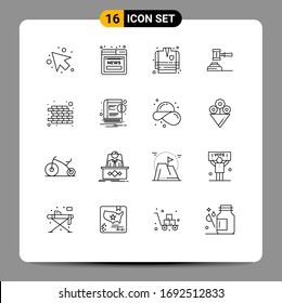 Group of 16 Outlines Signs and Symbols for legal; hammer; fire fighting coat; gavel; auction Editable Vector Design Elements