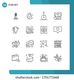Group of 16 Outlines Signs and Symbols for human; communication; romantic night; real; estate Editable Vector Design Elements