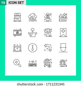 Group of 16 Outlines Signs and Symbols for folder fire; folder; lock; light; eco bulb Editable Vector Design Elements
