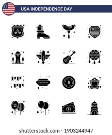 Group of 16 Solid Glyphs Set for Independence day of United States of America such as american; needle; frankfurter; landmark; shield Editable USA Day Vector Design Elements