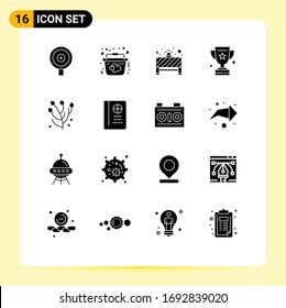 Group of 16 Solid Glyphs Signs and Symbols for flower; anemone; notice; success; prize Editable Vector Design Elements