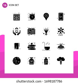 Group of 16 Solid Glyphs Signs and Symbols for fast; beat; management; mobil; map Editable Vector Design Elements