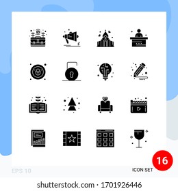 Group of 16 Solid Glyphs Signs and Symbols for student; desk; announcement; classroom; wedding Editable Vector Design Elements