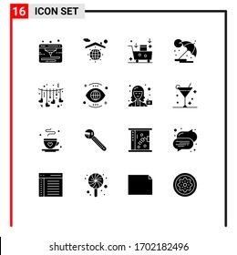 Group of 16 Solid Glyphs Signs and Symbols for heart; vacation; email campaign; umbrella; summer Editable Vector Design Elements