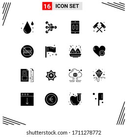 Grupo de 16 signos y símbolos de glifos sólidos para alimentos; bombero; teléfono móvil; incendio; pausar elementos de diseño de vectores editables
