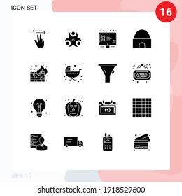 Group of 16 Solid Glyphs Signs and Symbols for real estate; islamic building; display; historical building; screen Editable Vector Design Elements