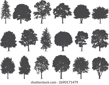 Group of 18 dark grey tree silhouettes featuring deciduous and coniferous varieties