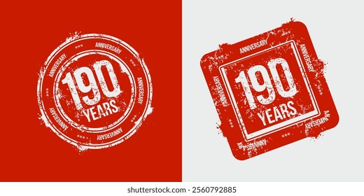 Group of 190th anniversary logos drawn as stamps in red celebration frame. Grunge stamp texture. Holiday stamps. Postage stamp collection. Vector round and rectangular stamps