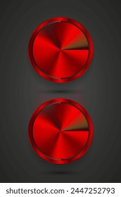 Group of 2 red blank buttons template with metal texture-chrome, silver, steel, realistic metralic and Set of two red Abstract circle buttons, dark background