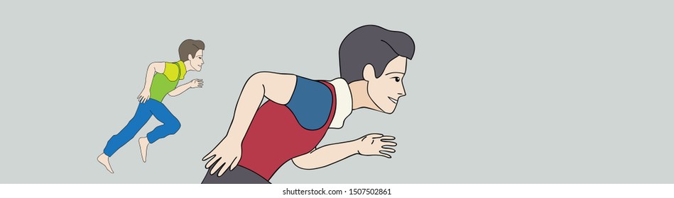 Group of 2 running men in vector (eps10). Isolated on gray background. Croped and full body. Objects are separated into layers for editing. Concept of hurry, fitness, freedom, competition, etc.