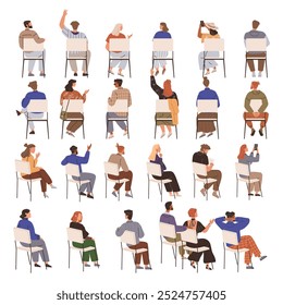 Group of 24 people sitting on chairs viewed from behind. Individuals are gesturing, using devices, and interacting. Ideal for office environments, diversity, teamwork, meetings, and social