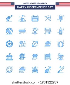 Gruppe der 25 Blues Set für den Unabhängigkeitstag der Vereinigten Staaten von Amerika wie Fußball; Lebensmittel; Filme; Rahm, passend Editierbare US Day Vector Design Elements