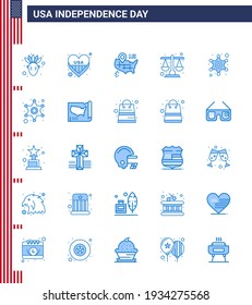 Group of 25 Blues Set for Independence day of United States of America such as police sign; police; map; men; law Editable USA Day Vector Design Elements