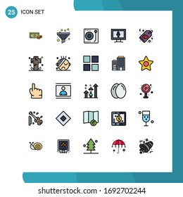 Group of 25 Filled line Flat Colors Signs and Symbols for sale; heart; audio; microphone; monitor Editable Vector Design Elements