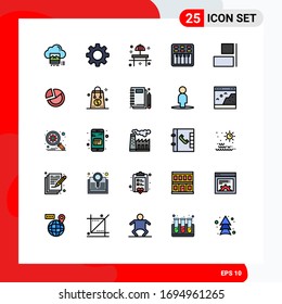 Group of 25 Filled line Flat Colors Signs and Symbols for sound; movie; setting; cinema; sunshade Editable Vector Design Elements