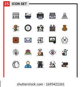 Gruppe von 25 Fülllinien - Farbzeichen und Symbole für Shuttlescock; online; Gadget; Web; Bearbeitbare Design-Elemente für Vektorillustrationen im Shop