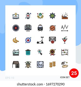 Group of 25 Filled line Flat Colors Signs and Symbols for solar; gear; smart watch; world; planet Editable Vector Design Elements