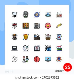 Gruppe von 25 Fülllinien - Farbzeichen und Symbole für Regenschirme; Bottl; Einstellungen; Getränk; Design-Elemente für die Vektorillustration von Sauna