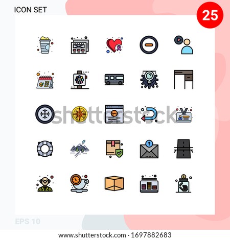 Group of 25 Filled line Flat Colors Signs and Symbols for checked; watch; heart awareness; video; user Editable Vector Design Elements