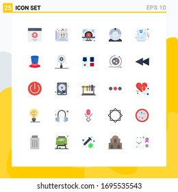 Gruppe von 25 Flachfarben Zeichen und Symbole für die Pflege; Kamera; Wohnsitz; Nocken; Design-Elemente für Vektorillustrationen auf der Website bearbeiten