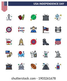 Group of 25 Flat Filled Lines Set for Independence day of United States of America such as summer; st; baseball; parade; instrument Editable USA Day Vector Design Elements