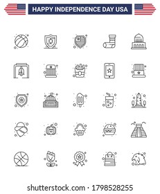 Group of 25 Lines Set for Independence day of United States of America such as christmas bell; alert; christmas; usa; city Editable USA Day Vector Design Elements