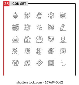 Group of 25 Lines Signs and Symbols for chat; gear; snack; cog; pencil pot Editable Vector Design Elements