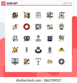 Grupo de 25 Colores planos de línea rellenados modernos para dispositivos; batería; ropa; pin; elementos de diseño de vectores editables de mapas