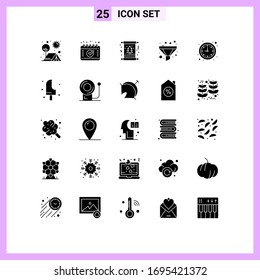 Group of 25 Modern Solid Glyphs Set for clock; sort; card; funnel; winter Editable Vector Design Elements