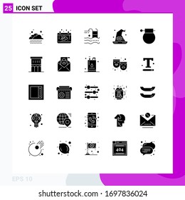 Group of 25 Modern Solid Glyphs Set for bomb; wizard; pool; magic; had Editable Vector Design Elements