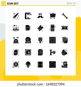 Group of 25 Modern Solid Glyphs Set for adjustable; shopping cart; moustache; add; men Editable Vector Design Elements