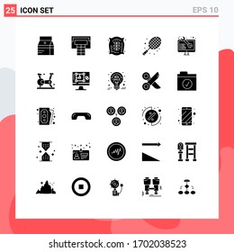 Group of 25 Modern Solid Glyphs Set for web; coding; bag; tennis; rocket Editable Vector Design Elements