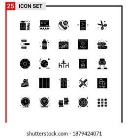 Group of 25 Modern Solid Glyphs Set for back to school; video player; call; multimedia; film Editable Vector Design Elements