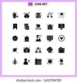 Group of 25 Solid Glyphs Signs and Symbols for summer; sea; food; wireless headset; intelligent Editable Vector Design Elements