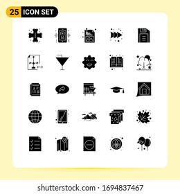 Group of 25 Solid Glyphs Signs and Symbols for office; right; player; forward; picture Editable Vector Design Elements
