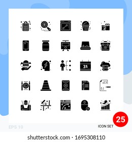 Group of 25 Solid Glyphs Signs and Symbols for phone; tissue paper; draw; paper roll; food Editable Vector Design Elements