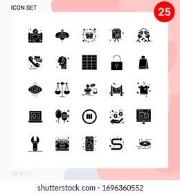 Grupo de 25 signos y símbolos de glifos sólidos para la música; vidrio; ciclo de vida; informe comercial; elementos de diseño de vectores editables de pizarra