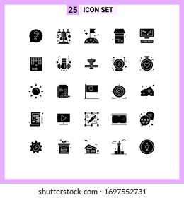 Group of 25 Solid Glyphs Signs and Symbols for markiting; computer; sponsor investment; thanksgiving; jam Editable Vector Design Elements