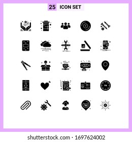 Group of 25 Solid Glyphs Signs and Symbols for building; studio; water; dvd; team Editable Vector Design Elements