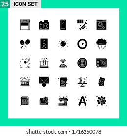 Group of 25 Solid Glyphs Signs and Symbols for trumpet; instrument; phone; horn; smart phone Editable Vector Design Elements