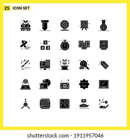 Gruppe von 25 festen Glyphen, Zeichen und Symbole für Medaillen; Bürste; Biochemie; Bord; bewegungsbearbeitete Vektordesign-Elemente
