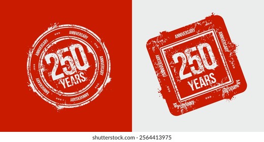 Group of 250th anniversary logos drawn as stamps in red celebration frame. Grunge stamp texture. Holiday stamps. Postage stamp collection. Vector round and rectangular stamps