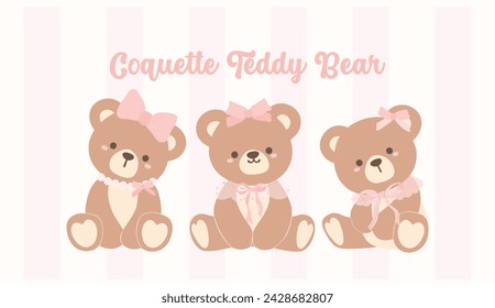 Group of 3 Cute Coquette Teddy Bear Friends. Whimsical Cartoon for Kids and Design.