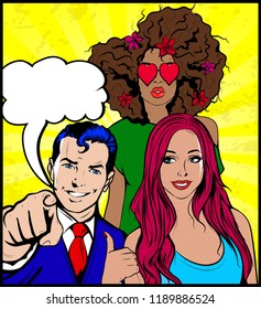 Group of 3 happy young people wearing casual party clothes Man pointing finger at you and girl Showing Thumb Up, Like Sign. Empty Speech bubble. Vector Pop Art illustration in retro comic book vintage
