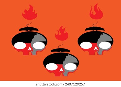 group of 3 skull fire bomb characters vector illustration