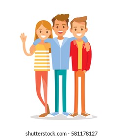 Group of 3 three friends, university fellow students classmates, buddies, pals standing together hugging posing for keepsake photograph. Group of learners young people. Vector illustration. Flat