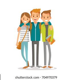 Group of 3 three girlfriends, university fellow students classmates, buddies, pals standing together hugging posing for keepsake photograph. Group of learners young people. Vector illustration. Flat