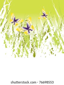 A group of 3 violet butterflies fly in a grassy landscape